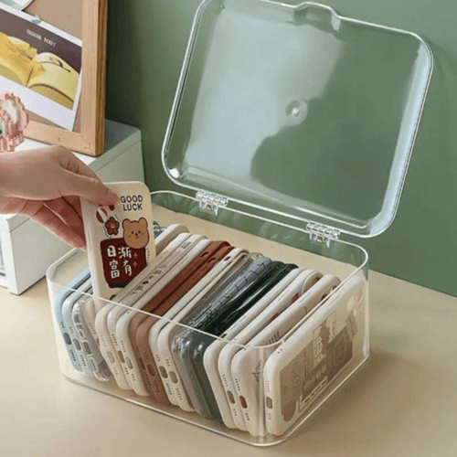 Clear Acrylic Phone Case Organizer with Lid – Desktop Storage Basket