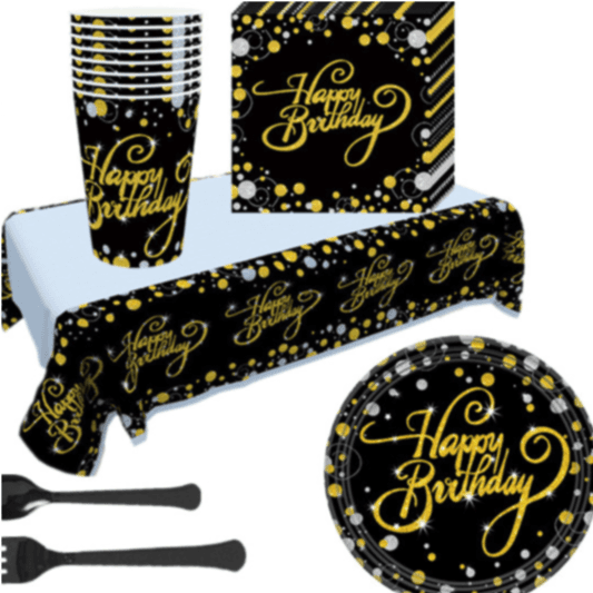 Golden Black Dots Happy Birthday Party Set