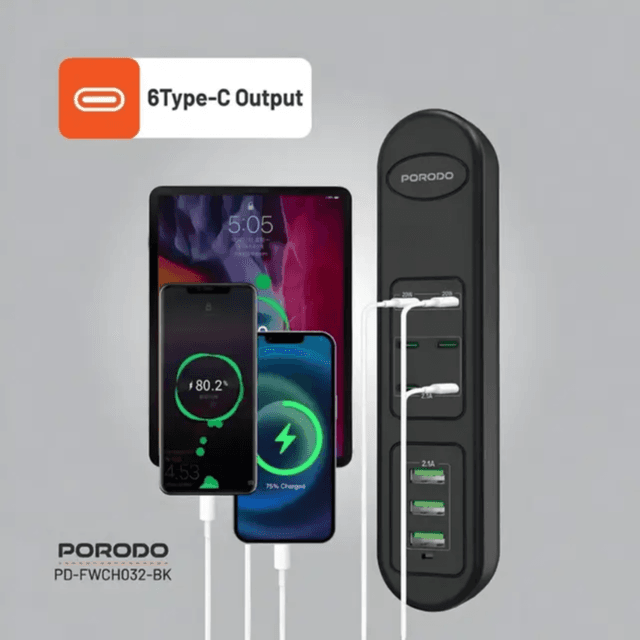 Porodo Multi-Port 50W USB Charging Hub 2 mtr Cable Length (6 x Type C + 3 x USB) - FWCH032