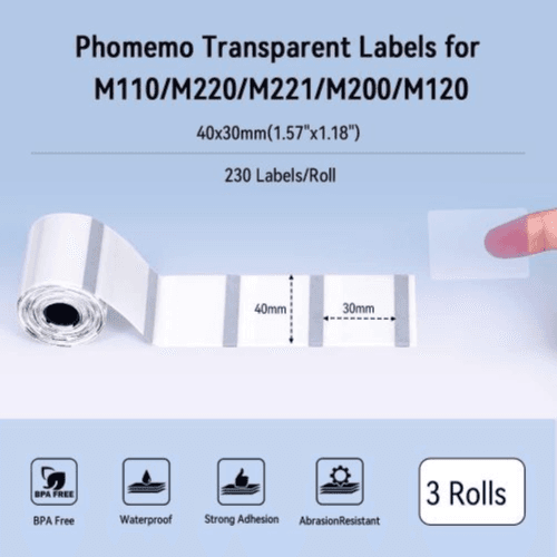 Phomemo - 40x30mm White Transparent Label For M110/m200/m220/m221/m120 -230 Labels (3 Roll)
