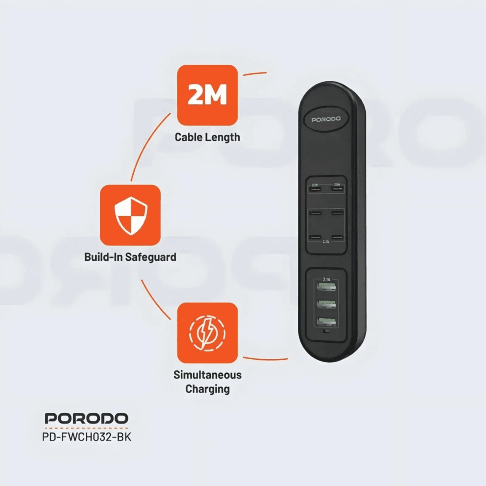 Porodo Multi-Port 50W USB Charging Hub 2 mtr Cable Length (6 x Type C + 3 x USB) - FWCH032