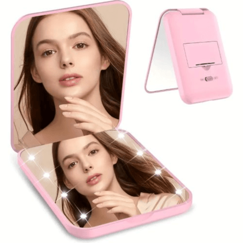 LED Travel Makeup Mirror - 1X/3X Magnified (Pink)