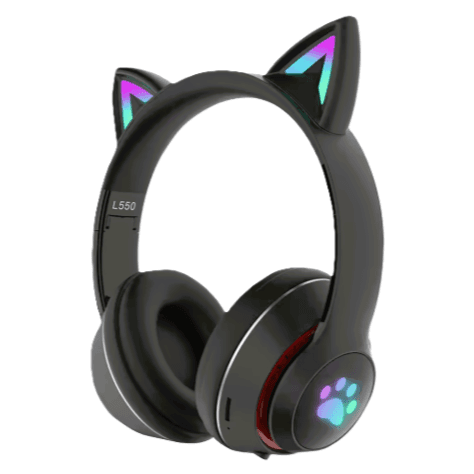 سماعة رأس لاسلكية ملونة على شكل أذن قطة مع إضاءة RGB L550 Bass باللون الأسود رقم.17162E