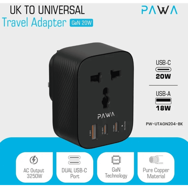 محول السفر العالمي من المملكة المتحدة إلى 20 واط - Pawa 0671