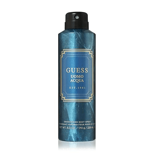 Guess Uomo Acqua by Guess for Men - 4 Pc Gift Set 3.4oz EDT Spray, 6oz Deodorizing Body Spray, 3.4oz Shower Gel, Pouch