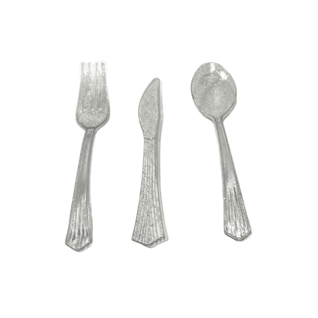 Silver Glitter Plastic Tableware 30pcs ( 10 spoon 10 Fork 10 Knife)