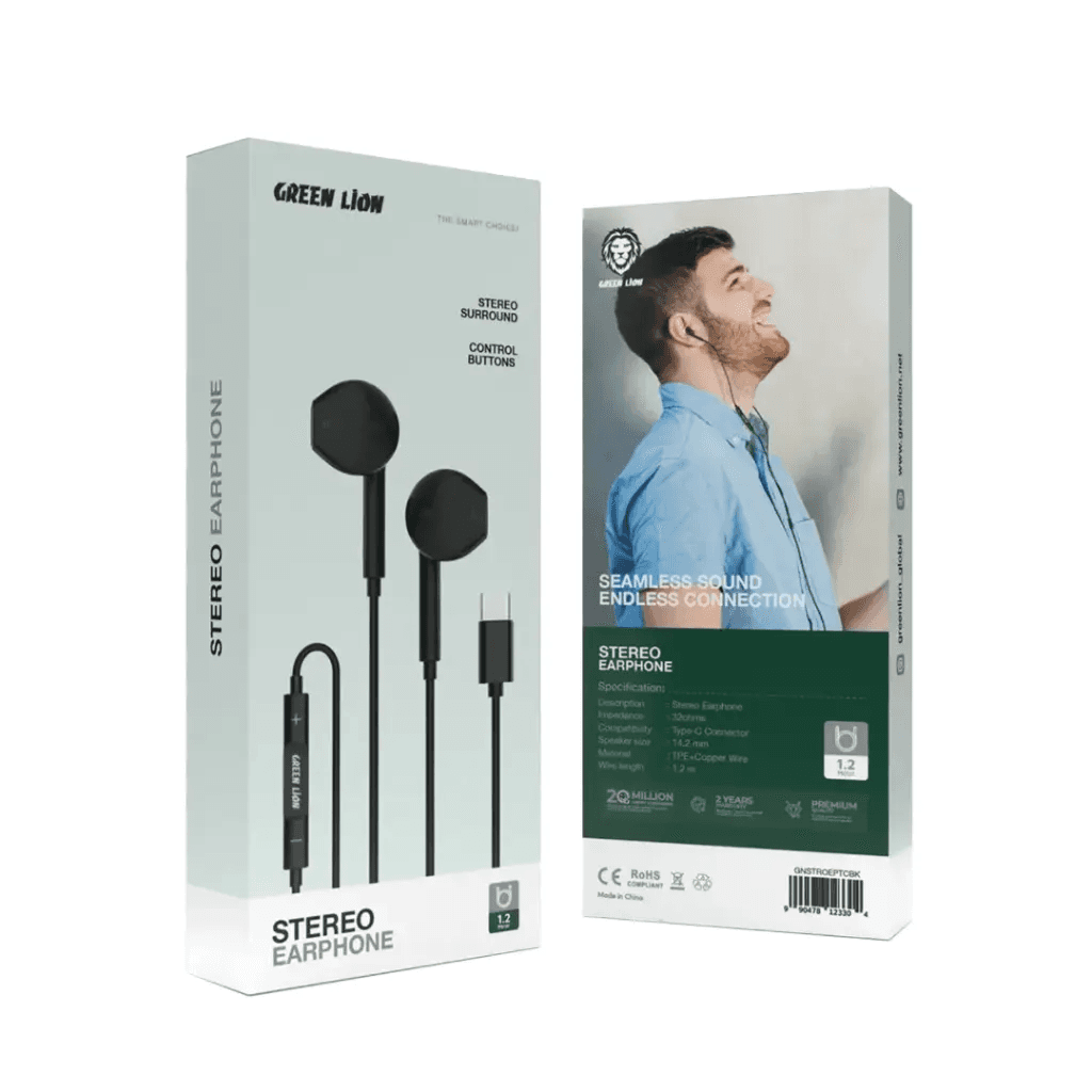 Green Lion Wired Stereo Earphones with Type-C Connector - BLACK