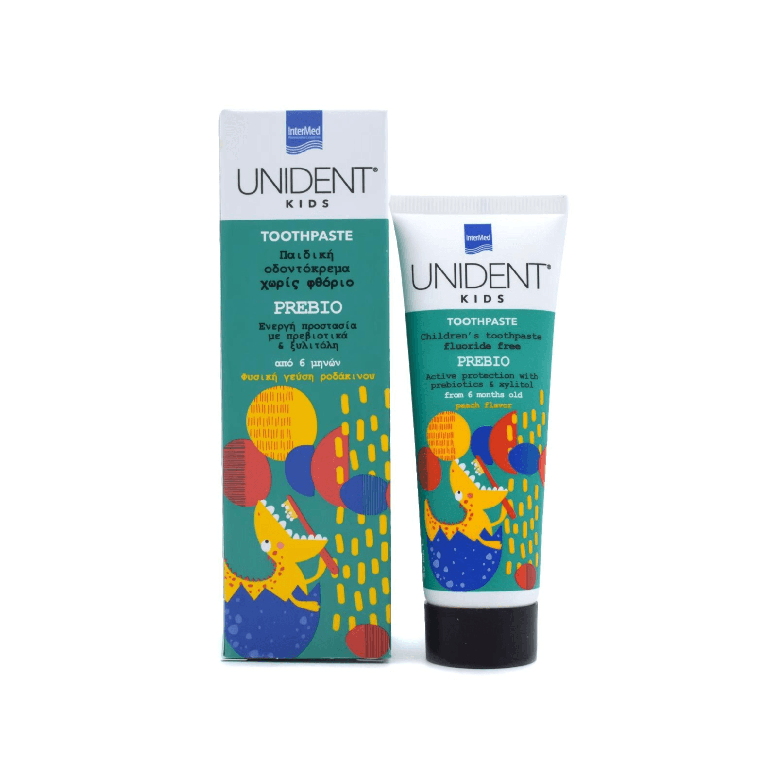 InterMed Unident Kids Toothpaste Prebio from age 6 months natural peach flavour daily care of teeth fluoride free 50ml