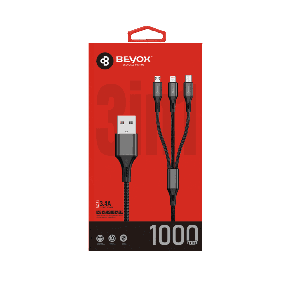 3 in 1 USB Data Cable compatible with USB-C, Lightning, and Micro-USB devices - BEYOX BC31 