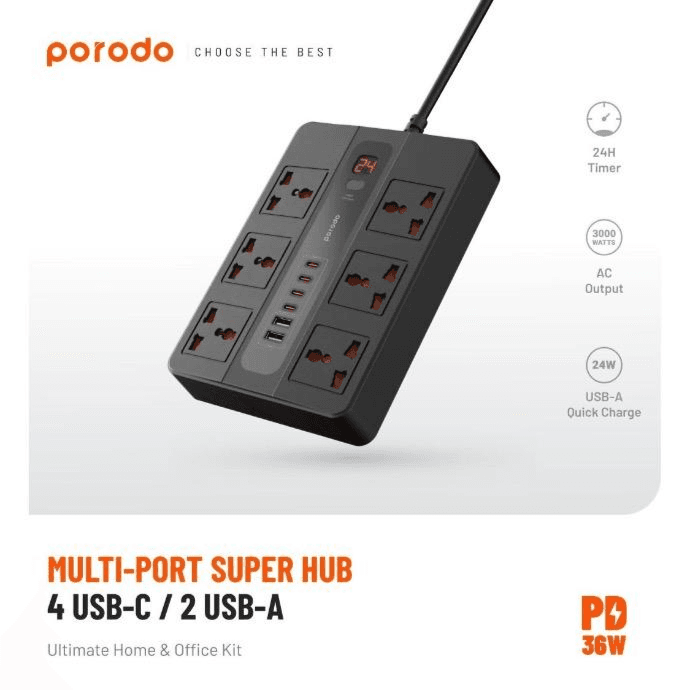 Porodo 3000 Watts Multiport Super Hub (4USB-C, 2USB-A, 6 AC) 3M