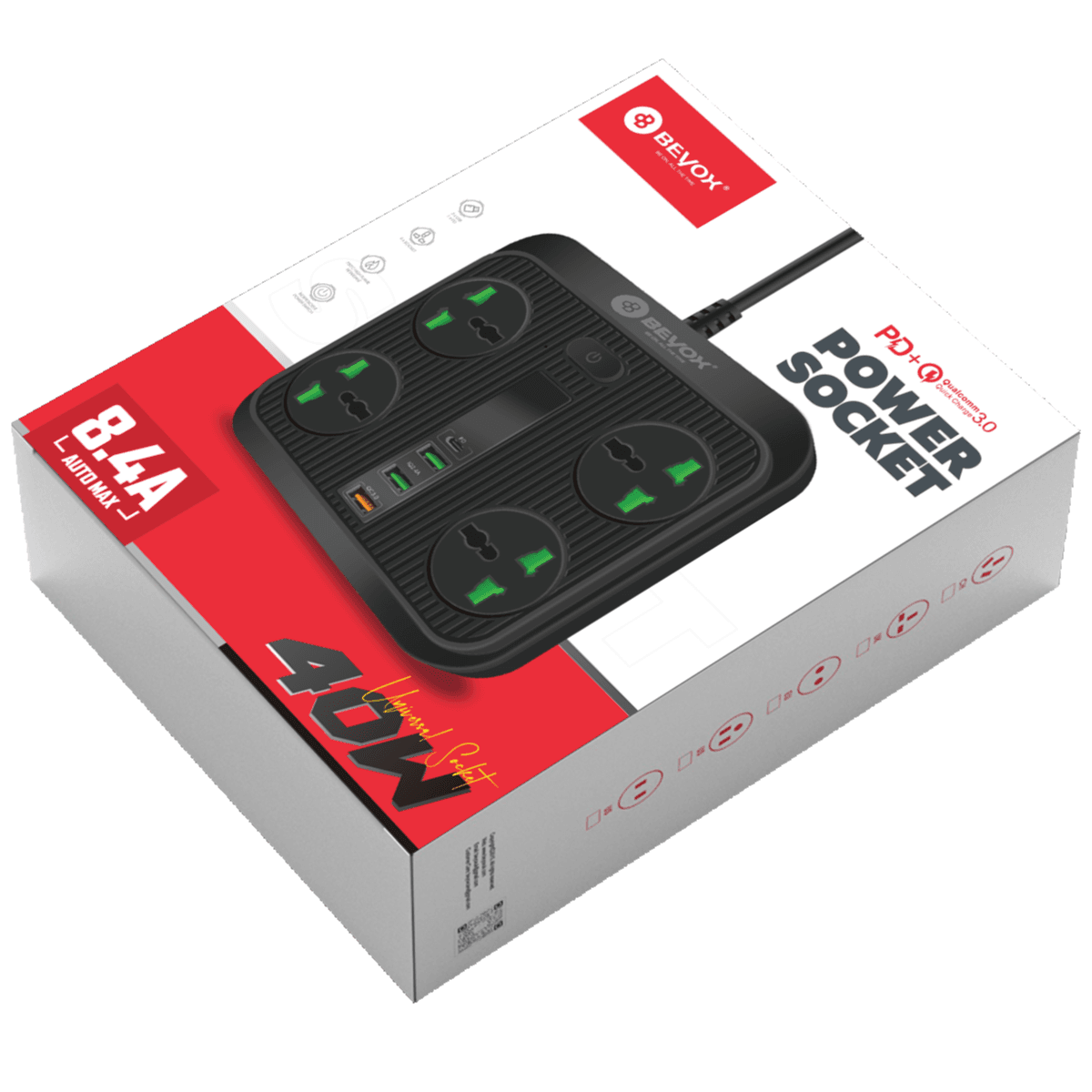 Beyox B01 40W PD + (3*USB, 1*USB-C) & 4 Power Sockets Extension Plug - Black