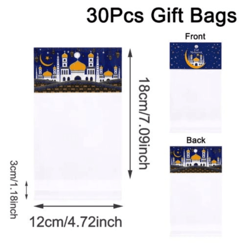 30pcs Blue Ramadan Gift Bags – Castle Moon Design, Self-Adhesive