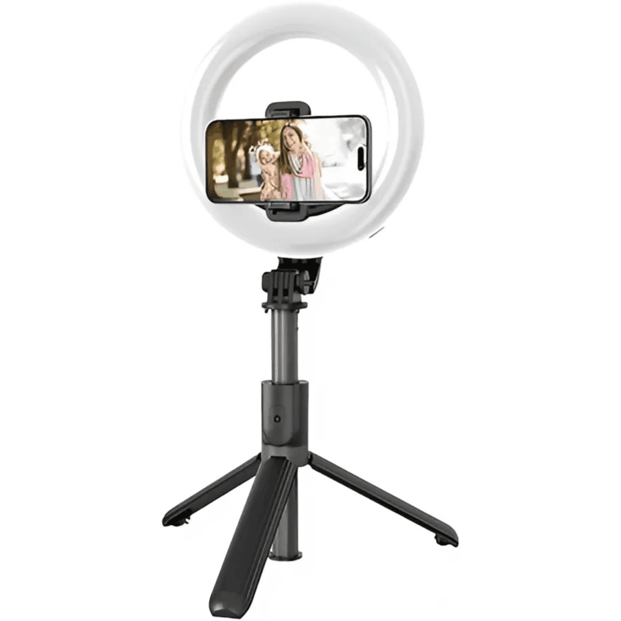 Green Lion Ring Light 6'' Selfie Stick,1200mAh Battery Capacity,3-5 Hours Working Time, Bluetooth Remote Control Included,360° Rotation,3 Lighting Modes,9 Level Brightness - Black