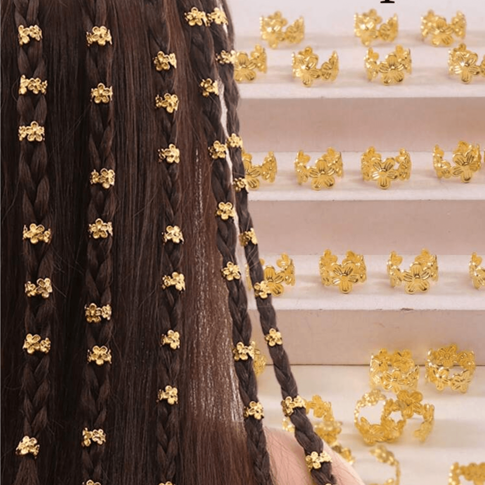 50pcs Girls' Gold Mini Flower Hair Rings, Personalized DIY Braiding Accessories, Suitable For Messy Braids