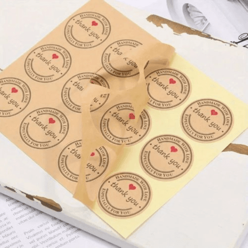 Pack of 10 Round Kraft Paper Thank You Labels – Handmade with Love Seal, Heart Design