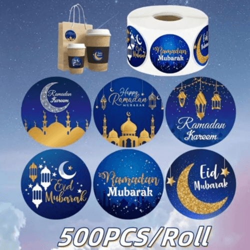 500pcs - Ramdan & Eid Mubarak Stickers Cartoon Moon Design, Reusable Decorative Seals (Blue)
