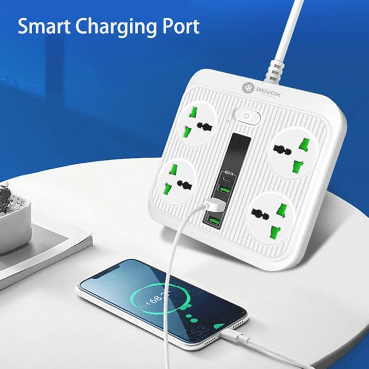 Beyox B01 40W PD + (3*USB, 1*USB-C) & 4 Power Sockets Extension Plug - White