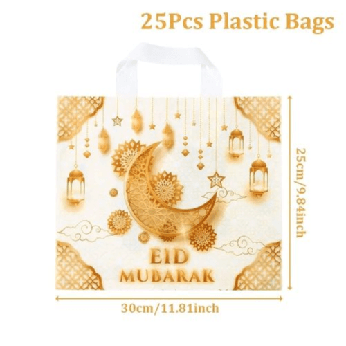 25 Eid Mubarak Gift Bags – 25x30cm, White & Gold Ramadan Favor Bags