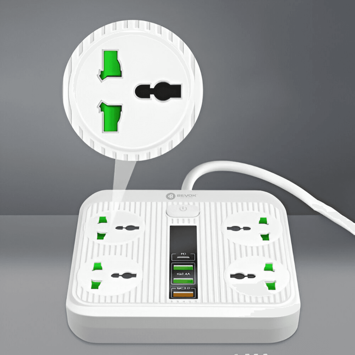 Beyox B01 40W PD + (3*USB, 1*USB-C) & 4 Power Sockets Extension Plug - White