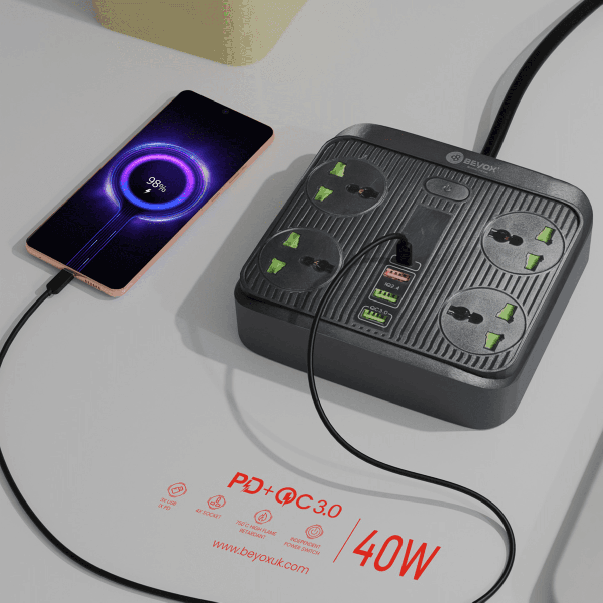 Beyox B01 40W PD + (3*USB, 1*USB-C) & 4 Power Sockets Extension Plug - Black