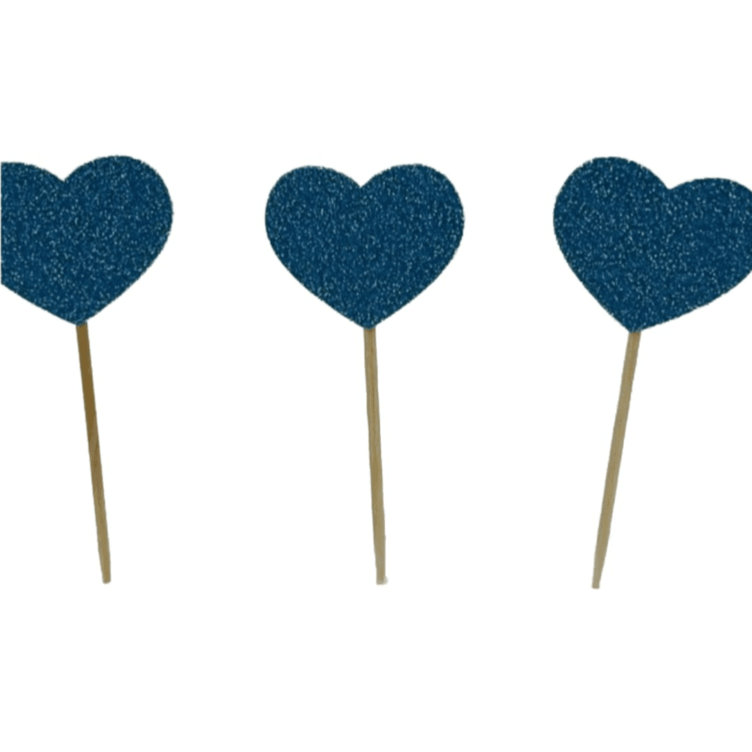 Handmade Blue With Glitter Heart Cupcake Topper 12 Pieces