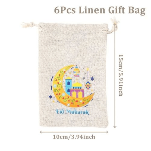 6-Pack Linen Eid Mubarak Drawstring Gift Bags - Moon Castle Lantern Design