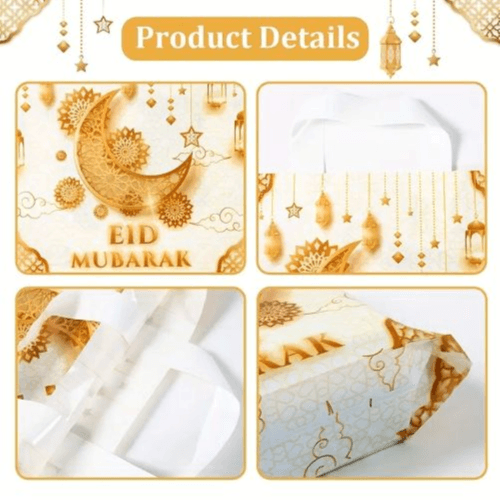 25 Eid Mubarak Gift Bags – 25x30cm, White & Gold Ramadan Favor Bags