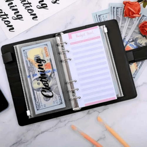 A6 PU Leather Budget Binder with 12 Sheets & 8 Cash Envelopes (Black)