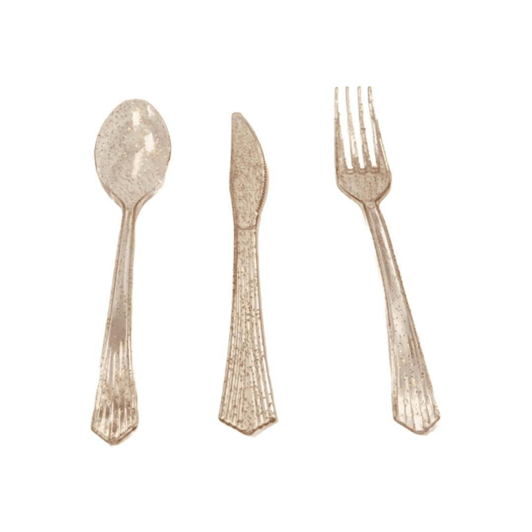 Golden Glitter Plastic Tableware 30pcs ( 10 spoon 10 fork 10 knife)