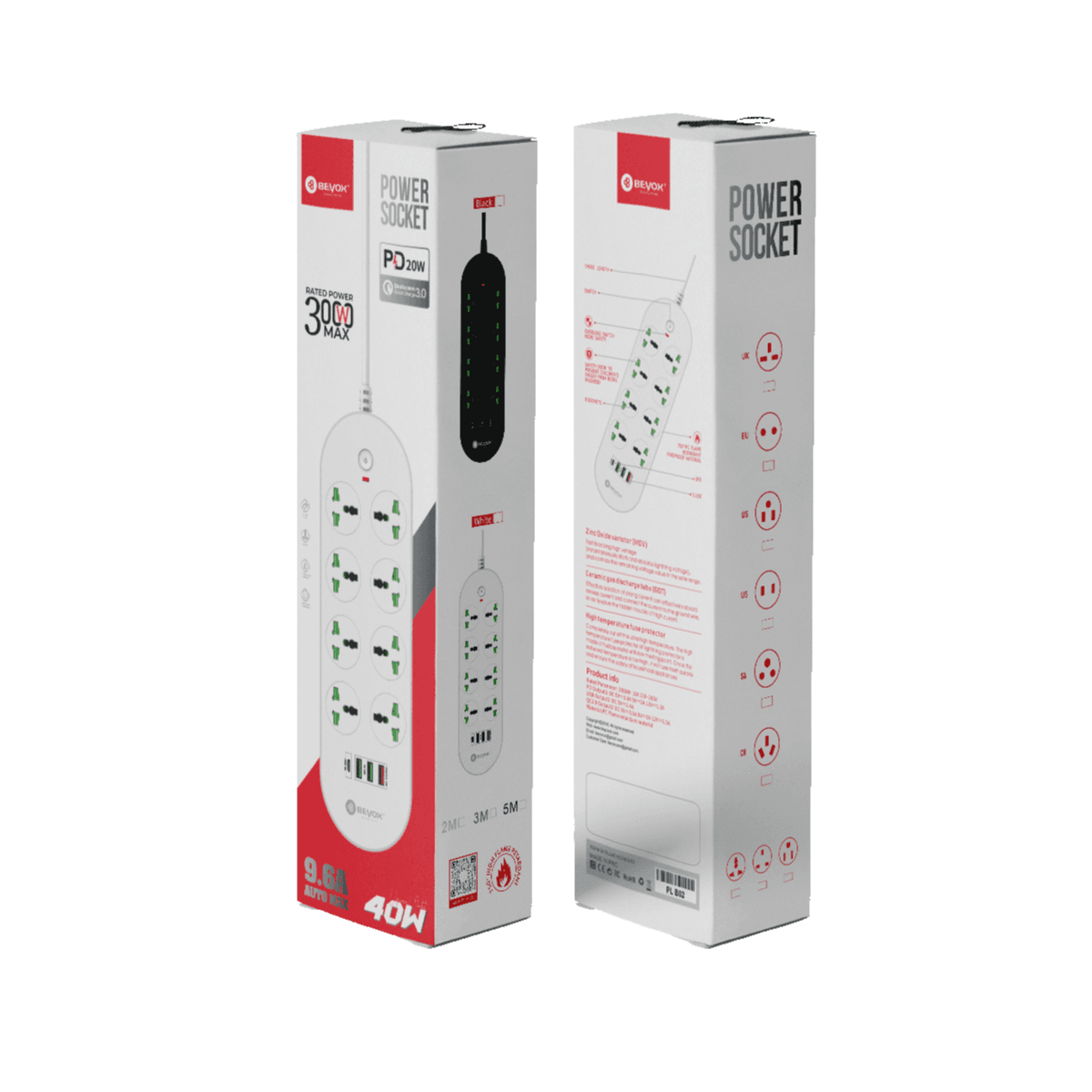 Beyox B02 20W PD + (3*USB, 1*USB-C) & 8 Power Sockets Extension Plug: Fast Charging For various Devices - White