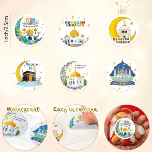 500pcs - Ramdan & Eid Mubarak Stickers Cartoon Moon Design, Reusable Decorative Seals (Blue)