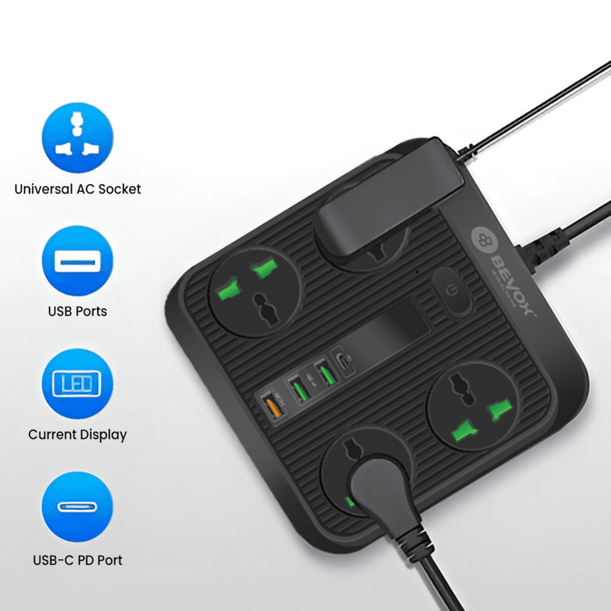 Beyox B01 40W PD + (3*USB, 1*USB-C) & 4 Power Sockets Extension Plug - Black