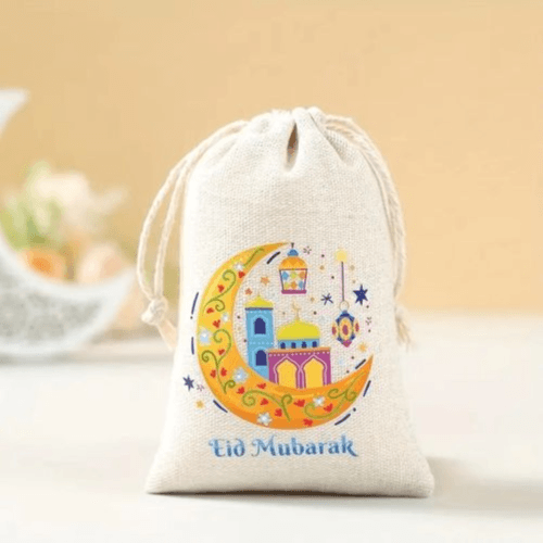 6-Pack Linen Eid Mubarak Drawstring Gift Bags - Moon Castle Lantern Design