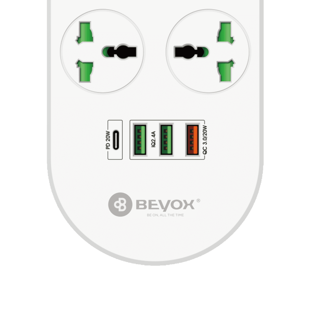 Beyox B02 20W PD + (3*USB, 1*USB-C) & 8 Power Sockets Extension Plug: Fast Charging For various Devices - White