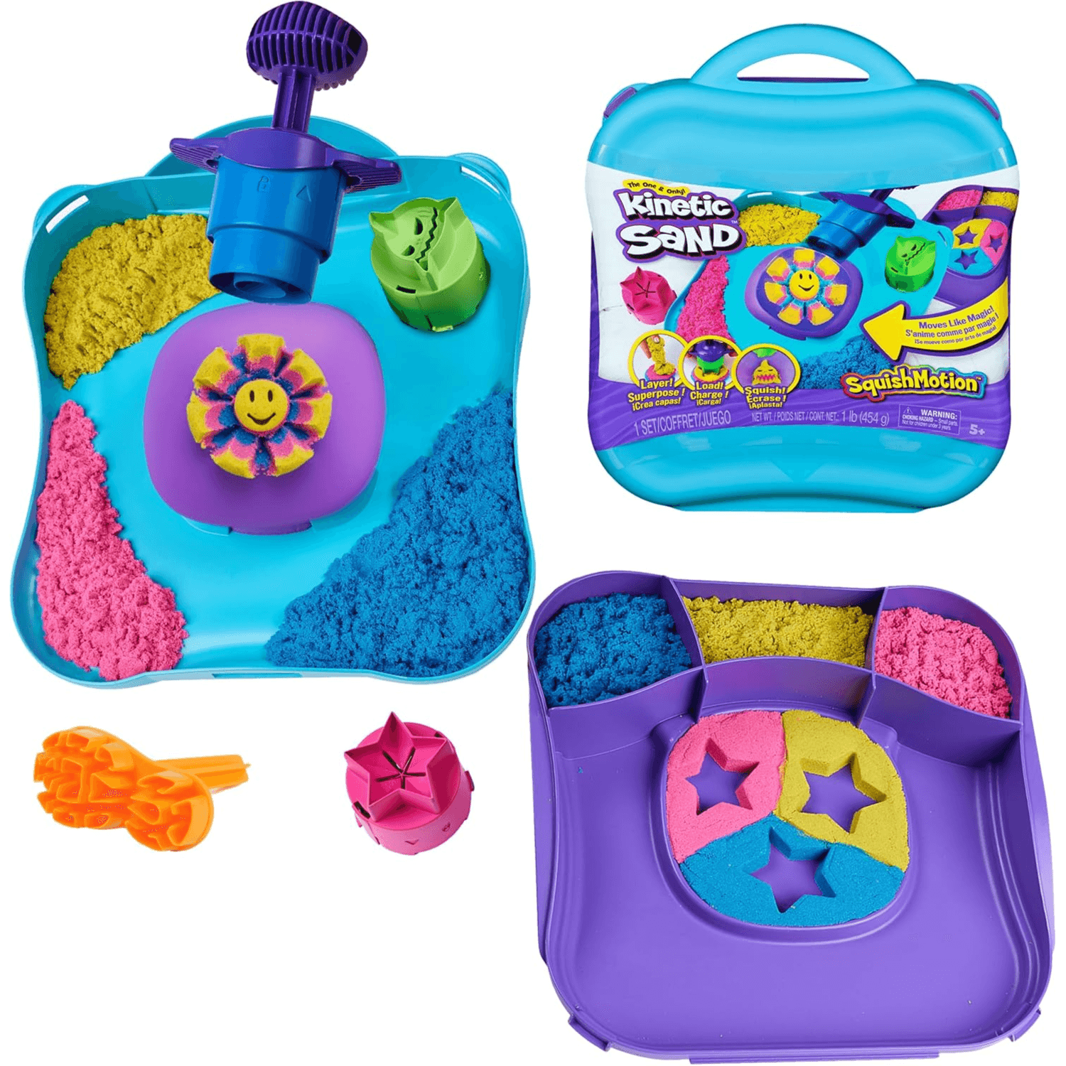 Kinetic Sand Squish Motion 1lb (454g) Play Sand Set with Stamper & 5 Tools