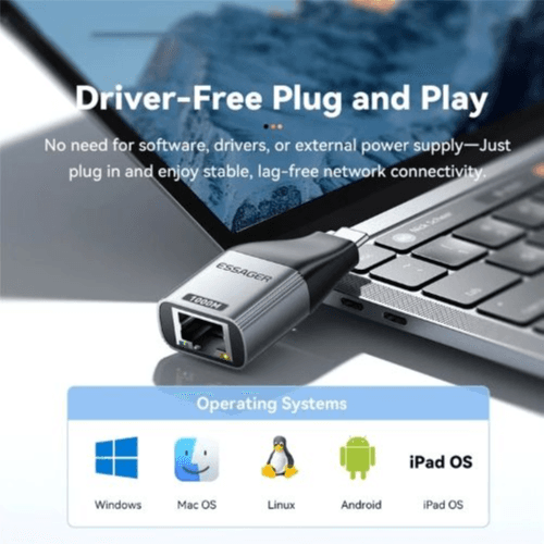 Essager RJ45 to Type-C Gigabit Ethernet Adapter – 1000Mbps, Plug & Play
