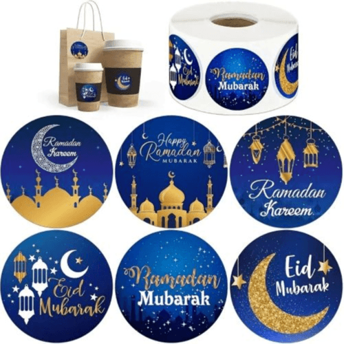 500pcs - Ramdan & Eid Mubarak Stickers Cartoon Moon Design, Reusable Decorative Seals (Blue)