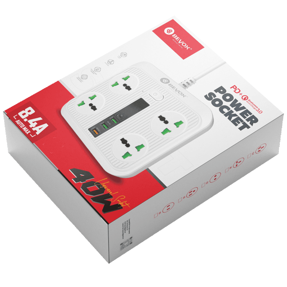 Beyox B01 40W PD + (3*USB, 1*USB-C) & 4 Power Sockets Extension Plug - White