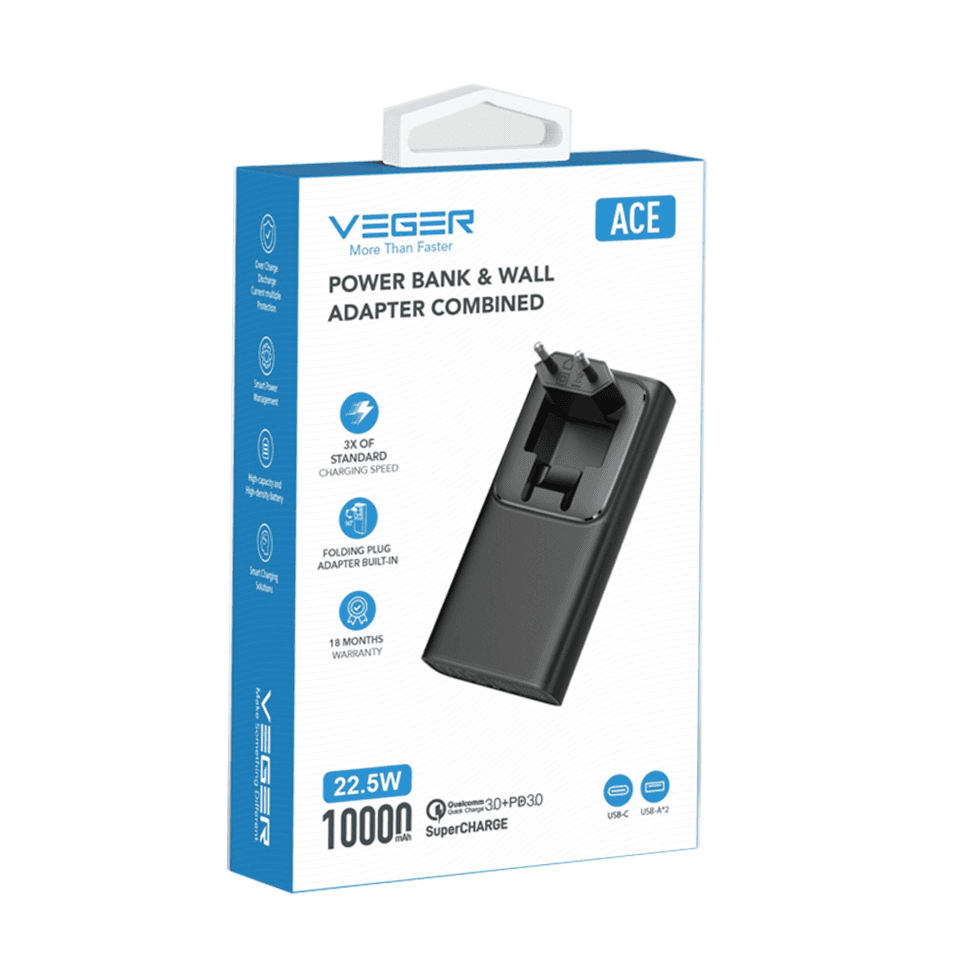 بنك الطاقة Veger ومحول الحائط مدمجان ACE100 10000Mah