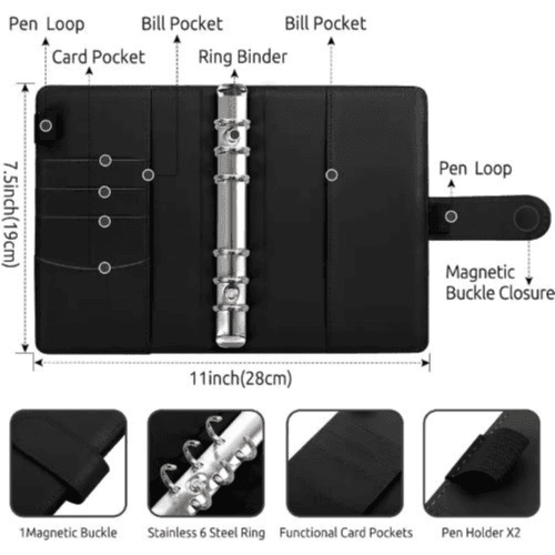 A6 PU Leather Budget Binder with 12 Sheets & 8 Cash Envelopes (Black)