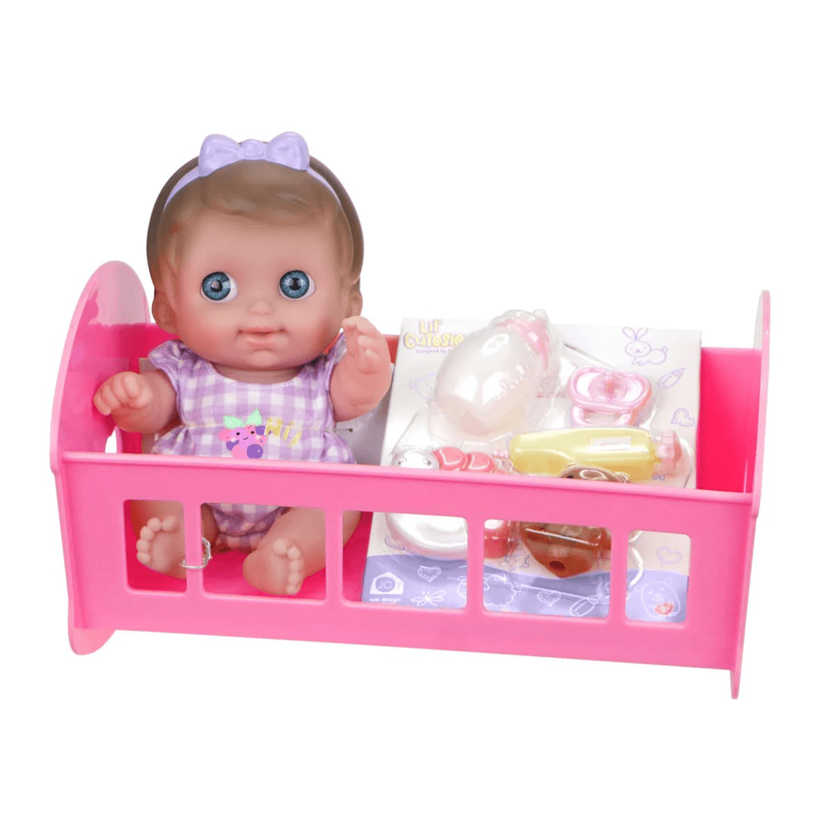 JC Toys Lil' Cutesies (9.5" inches) All Vinyl Washable Doll with Rocking Crib Gift Set