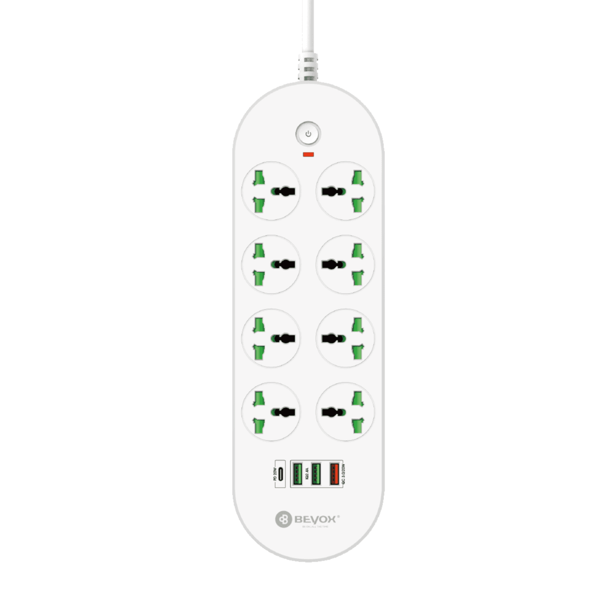 Beyox B02 20W PD + (3*USB, 1*USB-C) & 8 Power Sockets Extension Plug: Fast Charging For various Devices - White