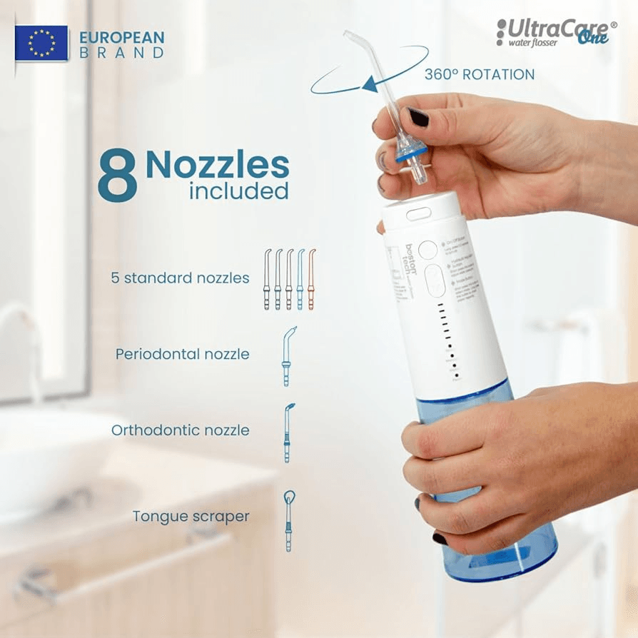 Boston tech UltraCare one water flosser with 8 included nozzles 
