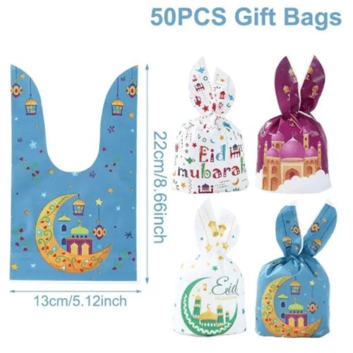 50pcs Eid al-Adha Rabbit Ear Gift Bags - Geometric Design for Treats (13cm*22cm)
