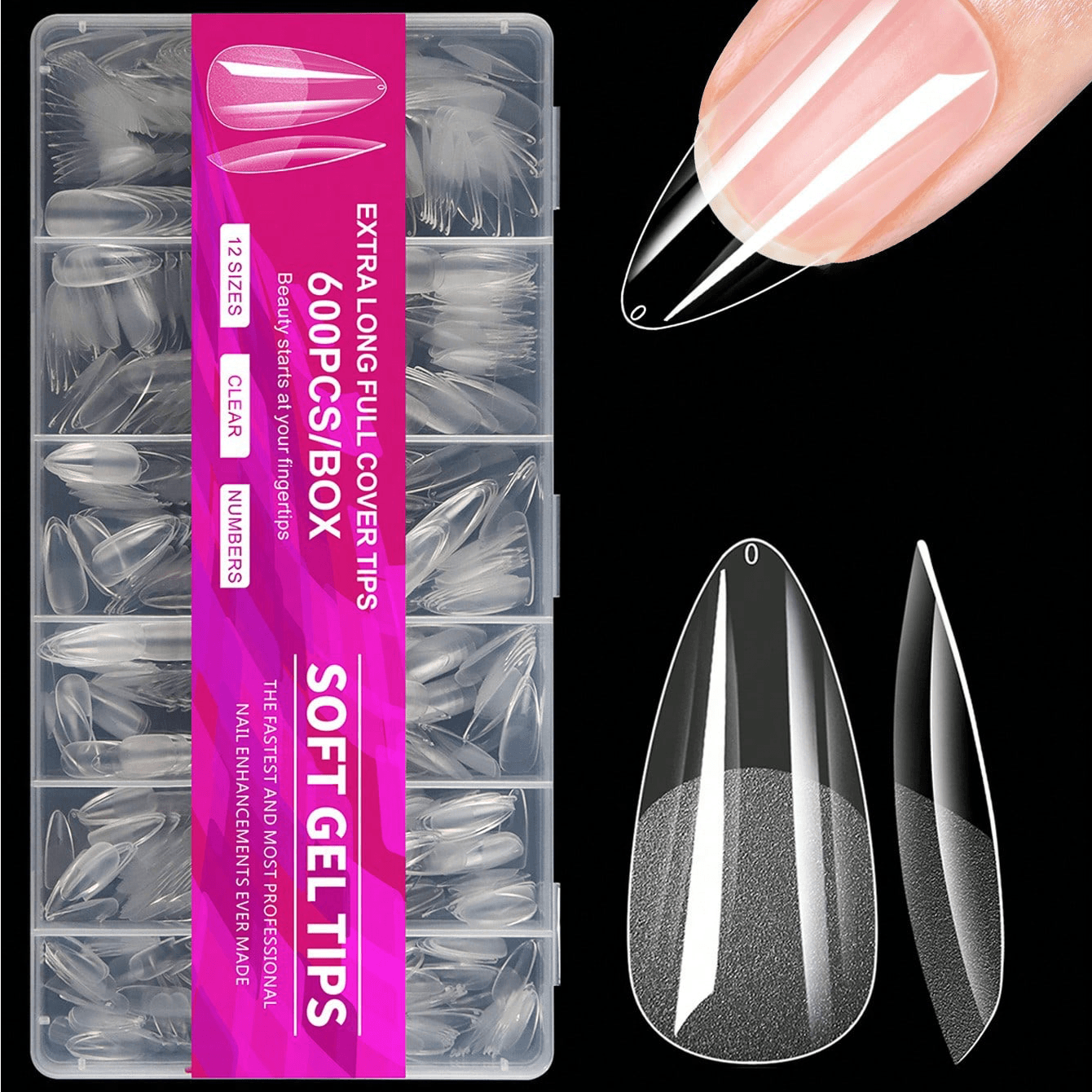 600Pcs Full Cover Press On Nail Tips Stiletto Almond Square Coffin French False Fake Soak Off Gel Nail Extension Tips Capsule