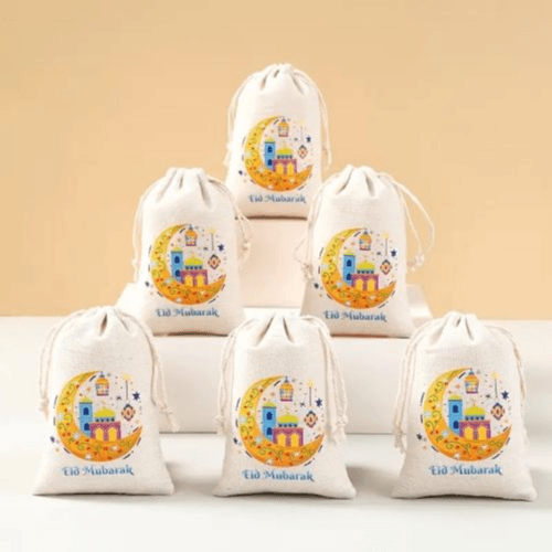 6-Pack Linen Eid Mubarak Drawstring Gift Bags - Moon Castle Lantern Design