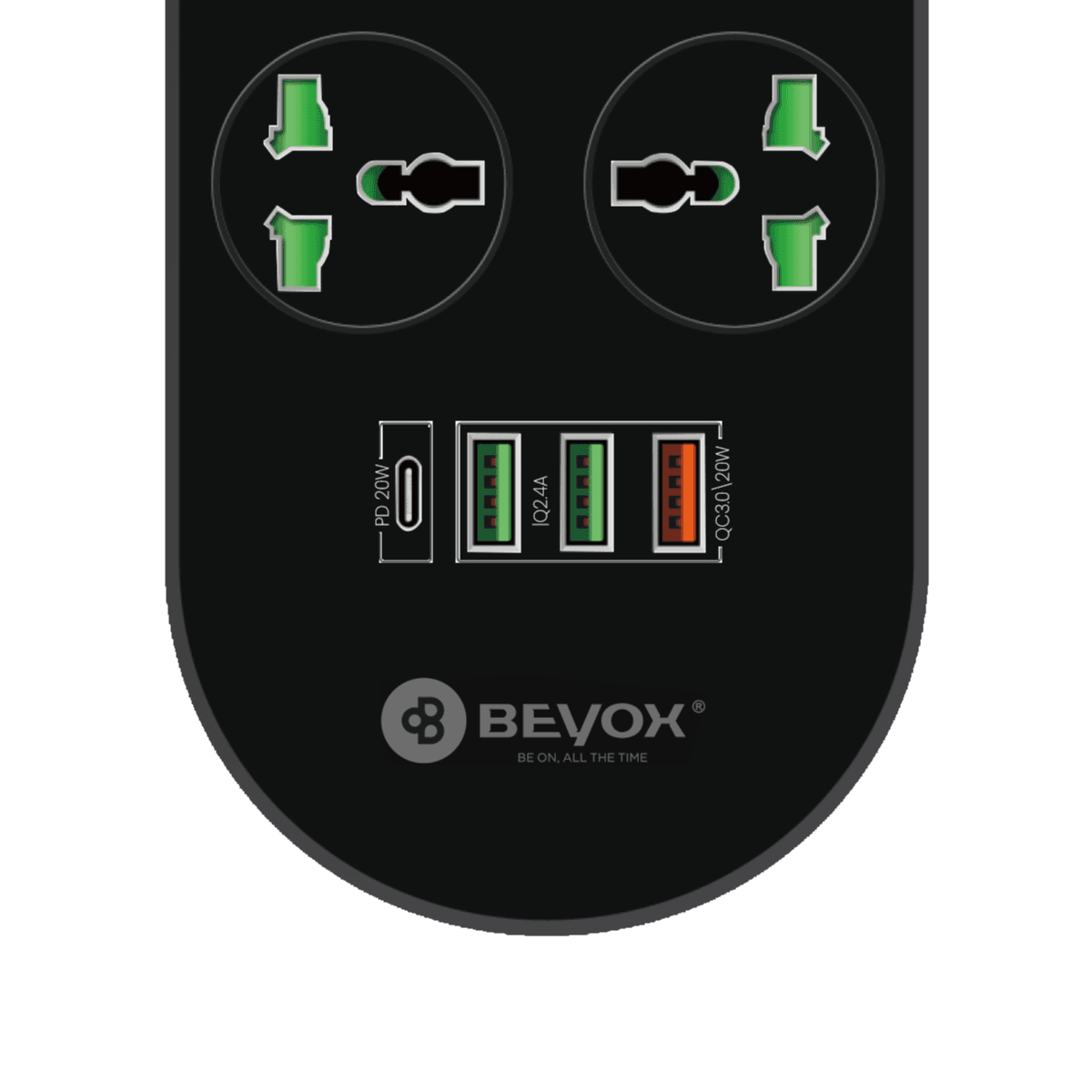 Beyox B02 20W PD + (3*USB, 1*USB-C) & 8 Power Sockets Extension Plug: Fast Charging For various Devices - Black
