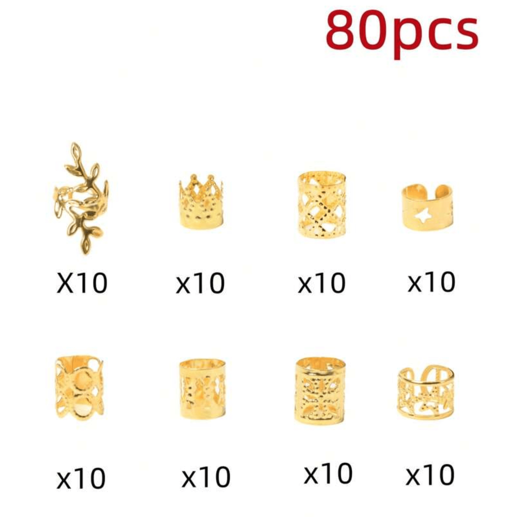 80pcs Gold Color Dreadlock Bead Mix Set, Girls Hair Accessories