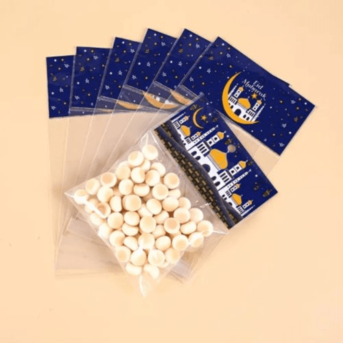 30pcs Blue Ramadan Gift Bags – Castle Moon Design, Self-Adhesive