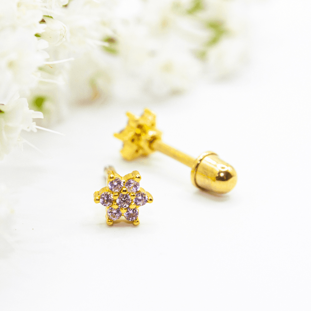Earrings Ear Sense Baby B5 Gold Flower Studs with Amethyst CZ’s 5mm